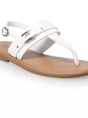 Women’s White Leather Toe-Post Sandal with Silver Buckle